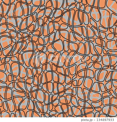 Abstract pattern with black tangled lines over orange and gray striped background. Organic shapes and chaotic flow create dynamic texture for textile, packaging, digital design Abstract pattern with black tangled lines over orange and gray striped background. Organic shapes and chaotic flow create dynamic texture for textile, packaging, digital design 134897933