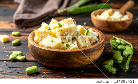 A rustic wooden table is covered with fresh fava beans and chunks of salty pecorino cheese. A rustic wooden table is covered with fresh fava beans and chunks of salty pecorino cheese. 134898451