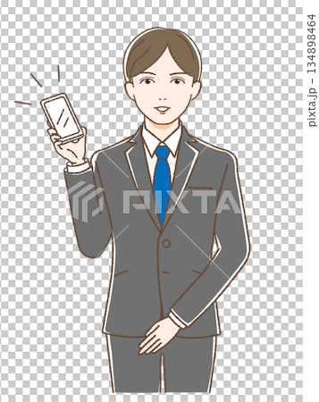 一名身穿西裝的男子手持智慧型手機,面向前方演講。 一名身穿西裝的男子手持智慧型手機,面向前方演講。 134898464