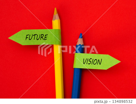 Pencils holding future vision concept signs on red background 134898532