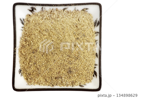 Close up photo of ground black pepper, selective focus. Close up photo of ground black pepper, selective focus. 134898629