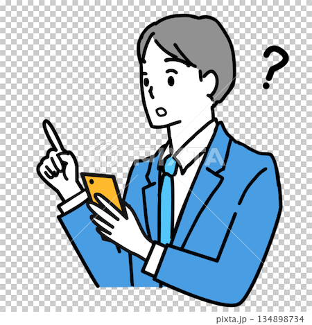 Illustration of a young man in a suit operating a smartphone and having doubts Illustration of a young man in a suit operating a smartphone and having doubts 134898734