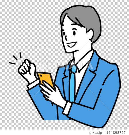 Illustration of a young man in a suit looking at his smartphone and making a fist pump 134898735