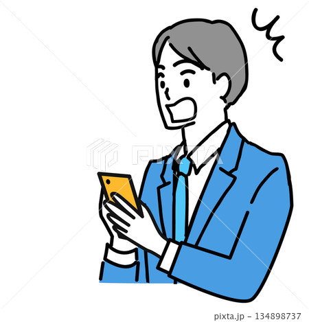 スマホを操作して驚いているスーツ姿の若い男性のイラスト 134898737