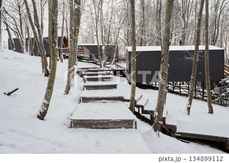 Wooden forest stairs, Rustic stairs guide through snowy forest terrain 134899112