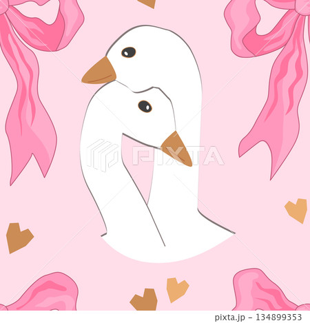 Bows and Goose in love cute seamless pattern. Cute Hugging birds background for Valentine day, wedding or romantic card design element. Vector illustration 134899353