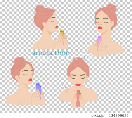 一位女士正在聞香水和色彩繽紛的香水瓶。 134899625