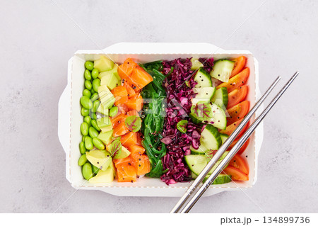 Poke bowl with trout, avocado, vegetables, beans, microgreens Poke bowl with trout, avocado, vegetables, beans, microgreens 134899736
