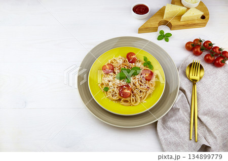 Tradition Italian pasta spaghetti with tomato sauce,cherry tomatoes, Tradition Italian pasta spaghetti with tomato sauce,cherry tomatoes, 134899779