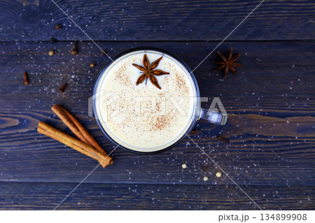 A cup of masala tea. Traditional Indian tea drink with milk and spices. 134899908