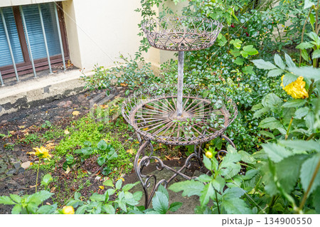 Metal wrought iron flower stand in garden. Old shelf for plants 134900550
