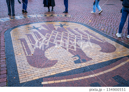 Eagle mosaic on the cobblestones of Potsdam, coat of arms of the city of Germany. Eagle with red paws and tongue, Reichsadle, symbol of the city 134900551