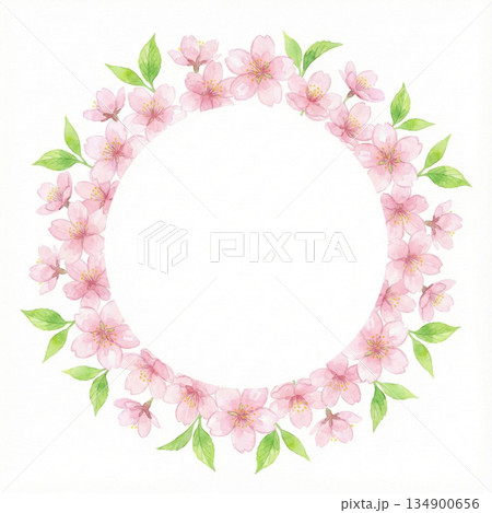 桜シリーズ：水彩風の優しいタッチで描かれた桜のリース（円形フレーム） 134900656