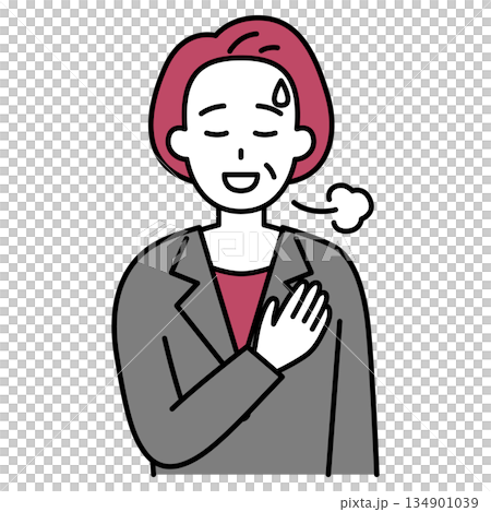 身穿西裝的中年婦女，將手放在胸口，感到如釋重負。 134901039