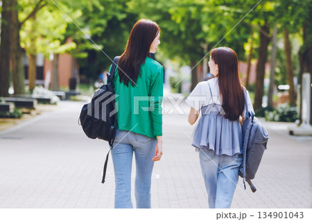 友達とキャンパスを歩く大学生 134901043