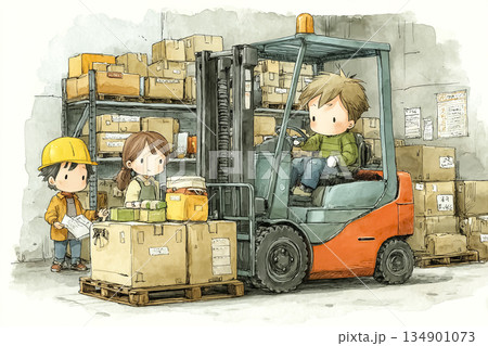 フォークリフト,倉庫,物流,搬入,搬出,荷物,パレット,在庫管理,倉庫作業,物流現場,作業員,現場, 134901073