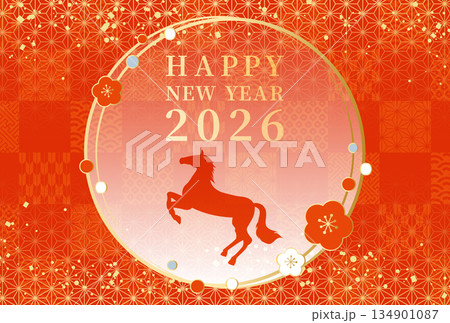 2026年・午年　赤　金・高級感・和柄背景　年賀状　お正月 134901087