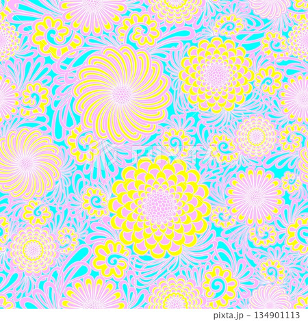 Psychedelic floral pattern with pink and yellow flowers on turquoise background. Swirling shapes and layered petals create vibrant retro texture for textile, wallpaper, posters, decor 134901113