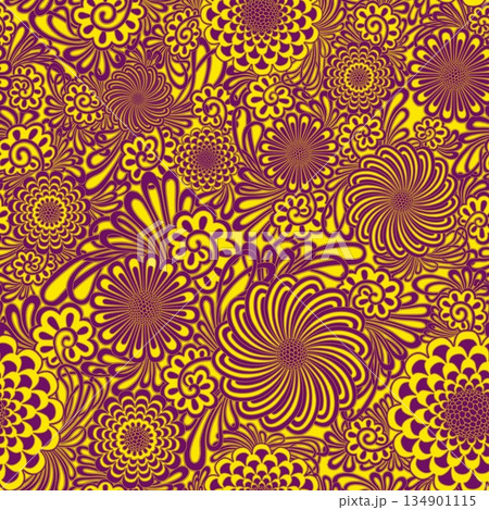 Psychedelic floral pattern with purple and yellow flowers on bright background. Swirling shapes and retro style evoke 70s vibe for textile, wallpaper, posters, digital art 134901115
