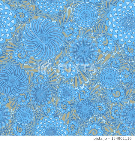 Seamless floral pattern with blue stylized flowers on muted brown background. Swirling petals and detailed shapes create elegant texture for textile, wallpaper, decor, digital design Seamless floral pattern with blue stylized flowers on muted brown background. Swirling petals and detailed shapes create elegant texture for textile, wallpaper, decor, digital design 134901116