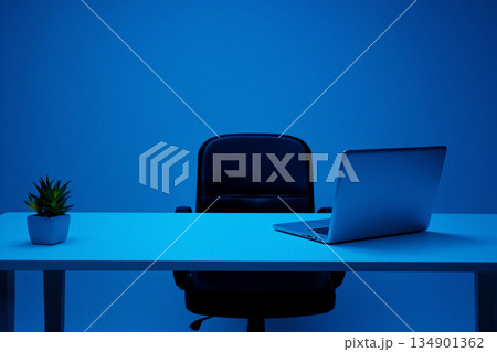 empty office table with laptop and plant 134901362
