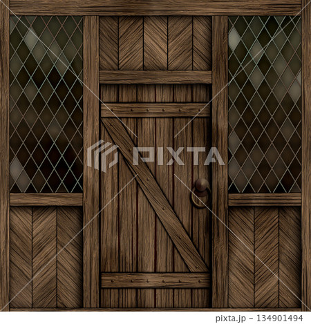 Weathered and aged wooden door in country house or cabin. Hi-res (8000x8000) texture. 134901494