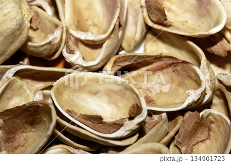 Close up of empty pistachio shells nuts 134901723