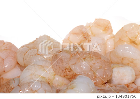 Close up of large cooked prawns pink shrimps on a white background Close up of large cooked prawns pink shrimps on a white background 134901750