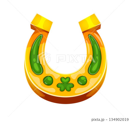 St Patrick day symbol of golden horseshoe with shamrock clover ornament, cartoon vector. Happy Saint Patrick festival, Ireland national holiday and Irish traditional symbol of lucky golden horseshoe St Patrick day symbol of golden horseshoe with shamrock clover ornament, cartoon vector. Happy Saint Patrick festival, Ireland national holiday and Irish traditional symbol of lucky golden horseshoe 134902019