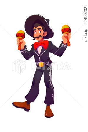 Mexican mariachi musician holiday character in traditional costume holding maracas symbolizing cultural celebration and music, joy and festivity, heritage and folk in festivals and cultural events Mexican mariachi musician holiday character in traditional costume holding maracas symbolizing cultural celebration and music, joy and festivity, heritage and folk in festivals and cultural events 134902020