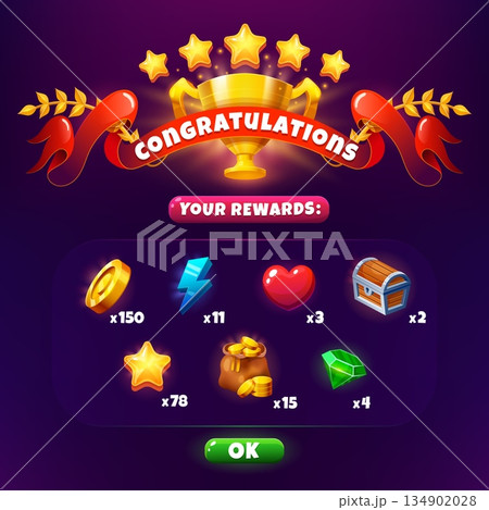 Game victory popup window banner with glowing golden cup, red sash ribbon, sparkling stars and laurel branches. Cartoon vector prize board with icons of coin, gem and hearts, stars, chests and rewards 134902028
