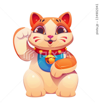 Japanese toy Maneki Neko cat with waving paw, vector cartoon character. Maneki neko lucky cat or Japanese animal toy doll with golden bell on collar for Japan traditional handicraft art Japanese toy Maneki Neko cat with waving paw, vector cartoon character. Maneki neko lucky cat or Japanese animal toy doll with golden bell on collar for Japan traditional handicraft art 134902041