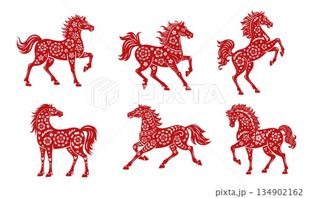 Red horse animals, asian Chinese Lunar New Year and horoscope symbols with vector paper cut flower patterns and oriental ornaments. China New Year zodiac horses set, CNY animal papercut symbols Red horse animals, asian Chinese Lunar New Year and horoscope symbols with vector paper cut flower patterns and oriental ornaments. China New Year zodiac horses set, CNY animal papercut symbols 134902162