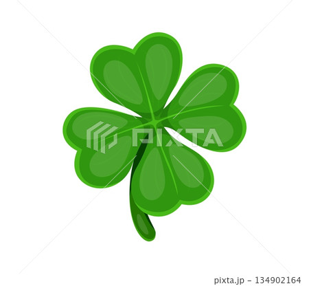 Cartoon lucky four leaf clover, happy St Patrick day and Irish culture symbol. Vector green shamrock plant symbolizing luck and fortune. Iconic holiday, good luck charms, positivity and magic charms 134902164