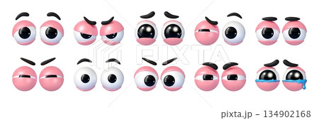 Cartoon 3d eyes, googly character eyeballs with expressions, black pupils, glossy highlight and pink eyelids. Vector pairs shows different moods, from sleepy and surprised to suspicious and wide awake Cartoon 3d eyes, googly character eyeballs with expressions, black pupils, glossy highlight and pink eyelids. Vector pairs shows different moods, from sleepy and surprised to suspicious and wide awake 134902168