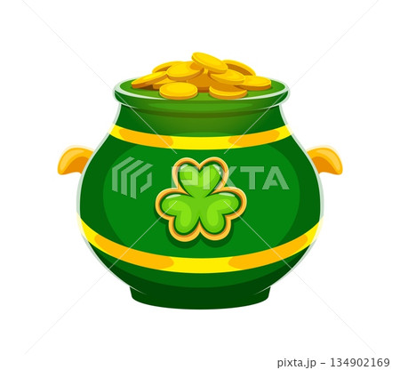 Happy St Patrick day green treasure cauldron overflowing with gold coins. Cartoon vector leprechaun pot with golden handles decorated with four leaf shamrock. Irish charms symbolizing luck and fortune Happy St Patrick day green treasure cauldron overflowing with gold coins. Cartoon vector leprechaun pot with golden handles decorated with four leaf shamrock. Irish charms symbolizing luck and fortune 134902169