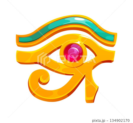 Egypt game icon asset of Horus eye, ancient Egyptian treasure Golden Eye of Horus, Cartoon vector symbol of protection, health and wisdom, features a pink gemstone, mystical and powerful gold artifact 134902170