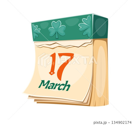 Cartoon festive calendar page displaying march 17. Vector happy St Patrick day symbol of global celebration Irish culture, heritage, and luck. Vector date represents parades and the spirit of Ireland 134902174