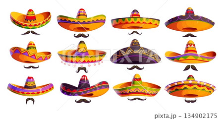 Cartoon Mexican sombrero hats decorated with stripes, zigzag patterns and pom poms, and moustaches. Cinco de Mayo, Mexican holiday party and festival vector decorations 134902175
