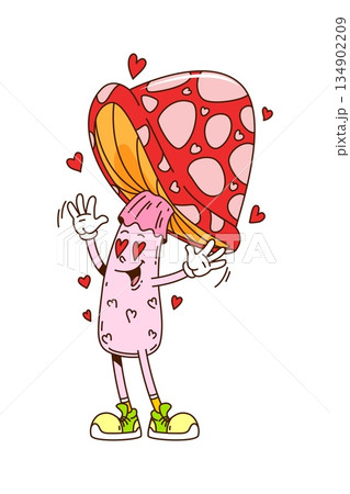 Cartoon retro valentine groovy mushroom character with heart shaped eyes and hippie sneakers. Vector amanita fungus comic personage exuding love vibes and spreads cheerful, loving valentines energy Cartoon retro valentine groovy mushroom character with heart shaped eyes and hippie sneakers. Vector amanita fungus comic personage exuding love vibes and spreads cheerful, loving valentines energy 134902209