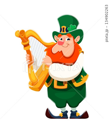 Cartoon funny leprechaun character with orange beard and tall green hat adorned with shamrock, holding a golden harp. Vector Happy St Patrick day cheerful personage represents Irish folklore and music Cartoon funny leprechaun character with orange beard and tall green hat adorned with shamrock, holding a golden harp. Vector Happy St Patrick day cheerful personage represents Irish folklore and music 134902263
