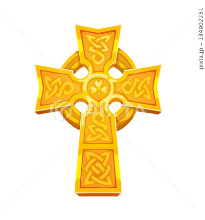 St Patrick's day golden Celtic cross icon or item. Saint Patrick day isolated cartoon vector symbol or icon. Ireland culture object or attribute, medieval Celtic ornate with clover leaf golden cross St Patrick's day golden Celtic cross icon or item. Saint Patrick day isolated cartoon vector symbol or icon. Ireland culture object or attribute, medieval Celtic ornate with clover leaf golden cross 134902281