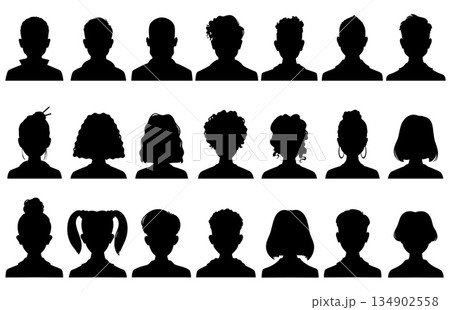 Male and female people avatar vector silhouettes, outline person portrait, network human photo pictures. Solids black silhouettes with short cut, curly afro, straight bobs and updos hairstyles 134902558