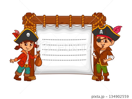 Pirate and corsair kids memo note frame with cartoon boy and girl rovers wear pirate hats standing beside a wooden framed scroll with dashed writing lines. Vector template for invitations or labels Pirate and corsair kids memo note frame with cartoon boy and girl rovers wear pirate hats standing beside a wooden framed scroll with dashed writing lines. Vector template for invitations or labels 134902559