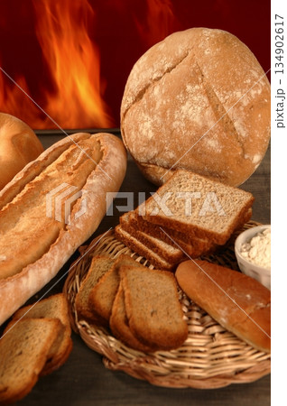 Bread still life with varied shapes and bakery fire 134902617