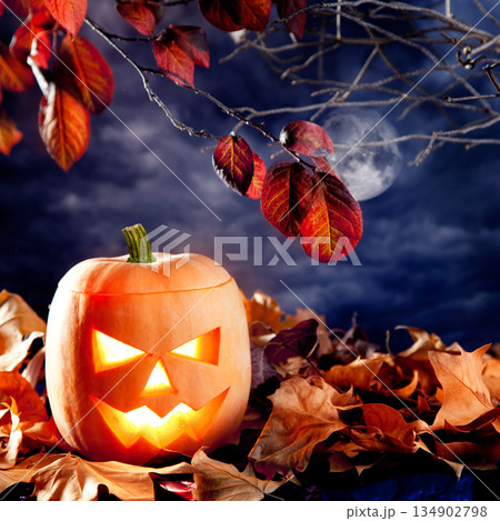 halloween lantern pumpkin in dark sky clouds halloween lantern pumpkin in dark sky clouds 134902798