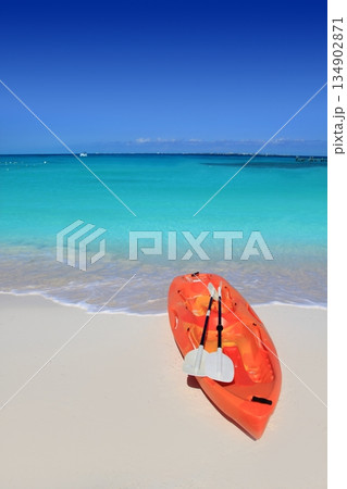 Kayak in beach sand caribbean sea turquoise 134902871