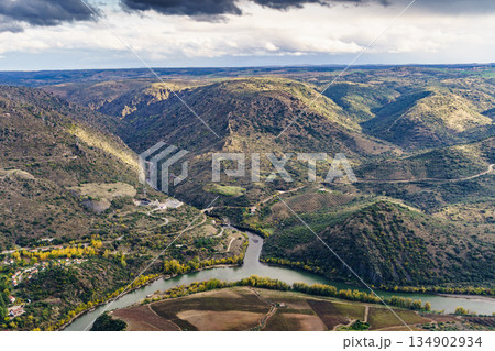 Mountain view with Douro river. Border Spain Portugal Mountain view with Douro river. Border Spain Portugal 134902934