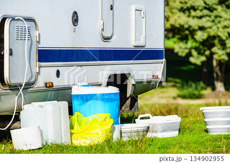 Washing laundry outdoor at caravan Washing laundry outdoor at caravan 134902955
