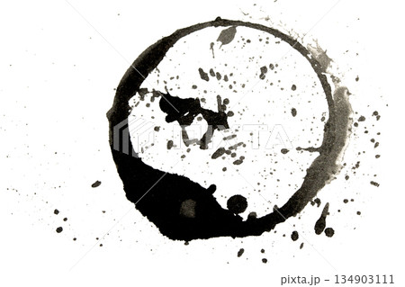 Distressed Monochrome Ink Circle Texture and Splatter Graphic on white background Distressed Monochrome Ink Circle Texture and Splatter Graphic on white background 134903111
